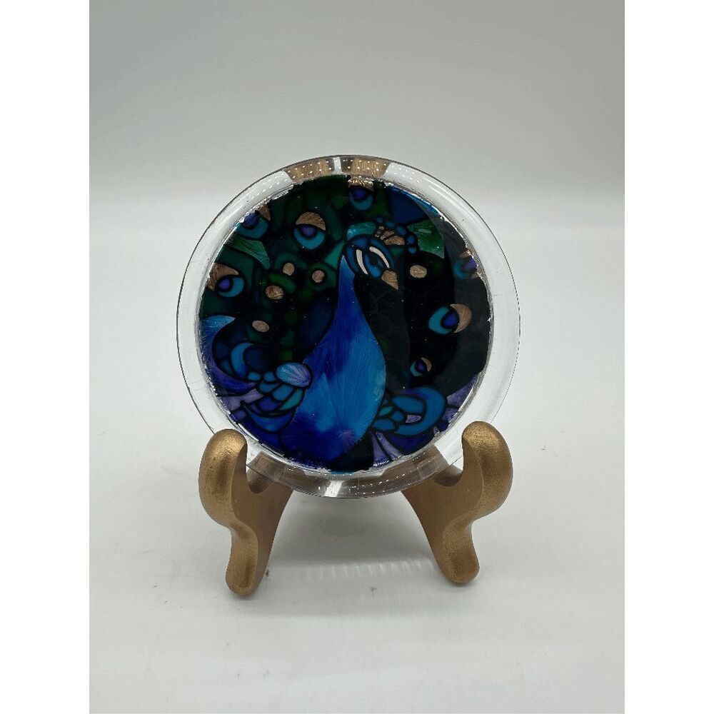 Joan Baker Lucite Paperweight Hand Painted Peacock Round Design 3” Multicolored